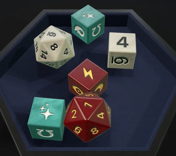 The same six dice on a navy felt tray with six sides.