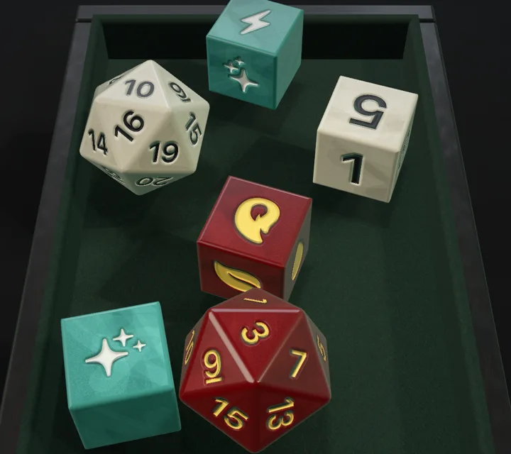 Six dice settled on a dark green felt tray with straight sides.