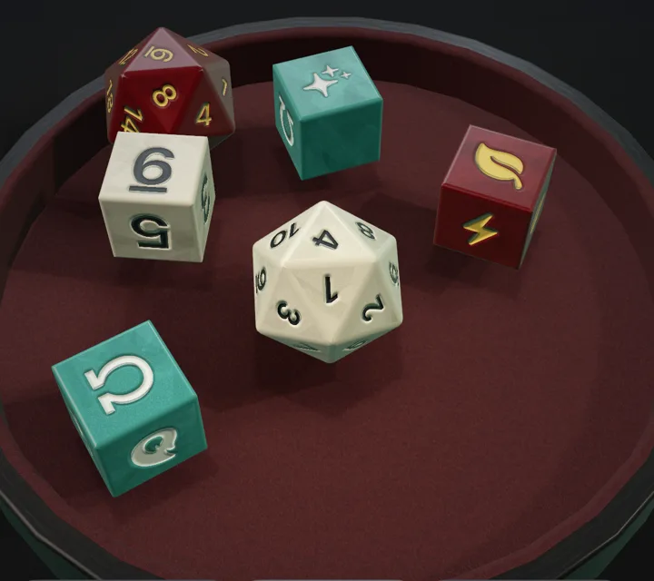 The same six dice on a dark red felt tray with a circular rail.