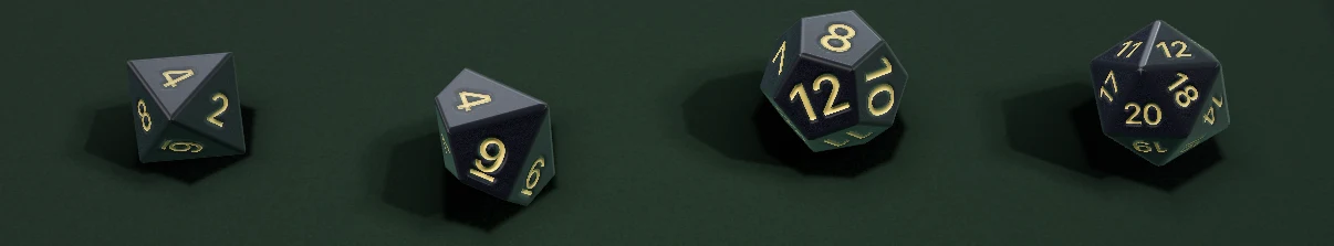 A d4, d8, d10, d12 and d20 standing on dark green felt.