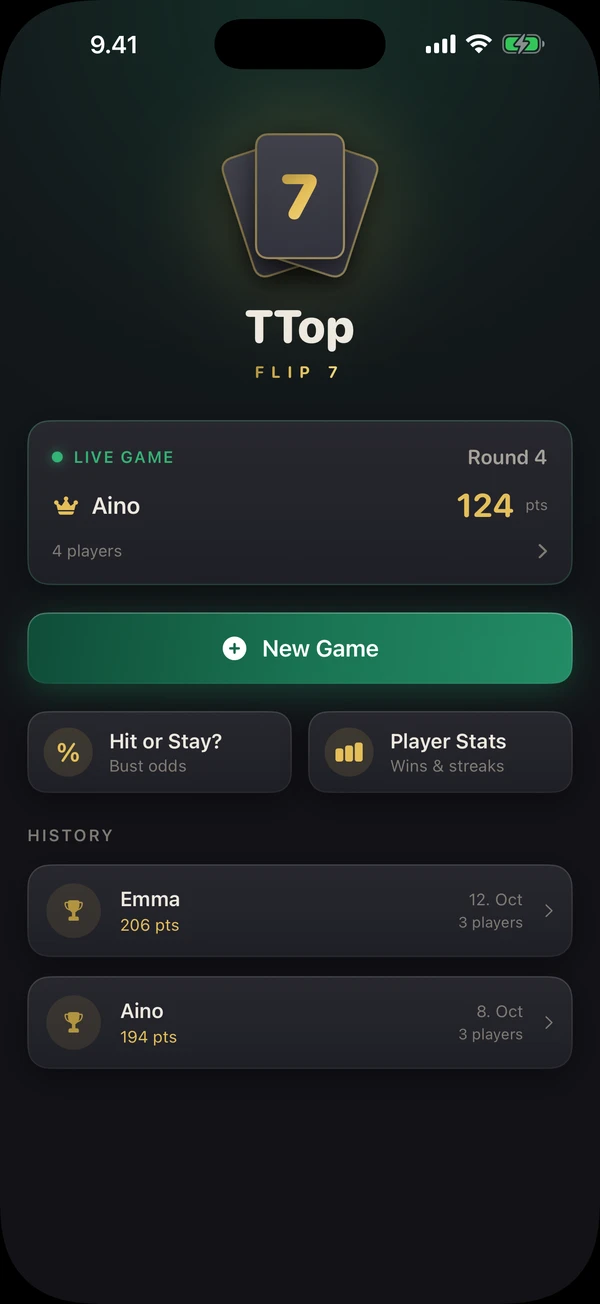 The TTop Flip 7 home screen on a phone, with New Game, Hit or Stay? and Player Stats.