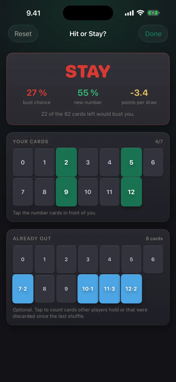 The Hit or Stay helper shows a 27% bust chance, with the number cards 2, 5, 9 and 12 selected.
